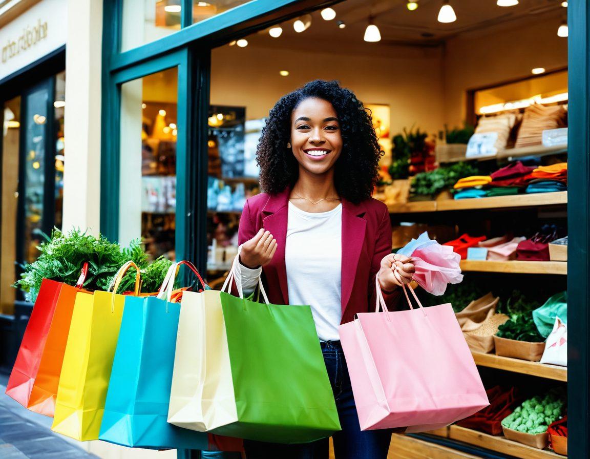 A bright, inviting scene of a cheerful shopper in Peavy Mart, surrounded by colorful products and cheerful staff. The shopper has a joyful expression and is holding vibrant shopping bags filled with various delightful items. Soft, warm lighting creates a welcoming atmosphere, with banners promoting special deals and discounts in the background. Lush greenery peeks through the store windows, enhancing the feeling of joy and abundance. super-realistic. vibrant colors. warm lighting.