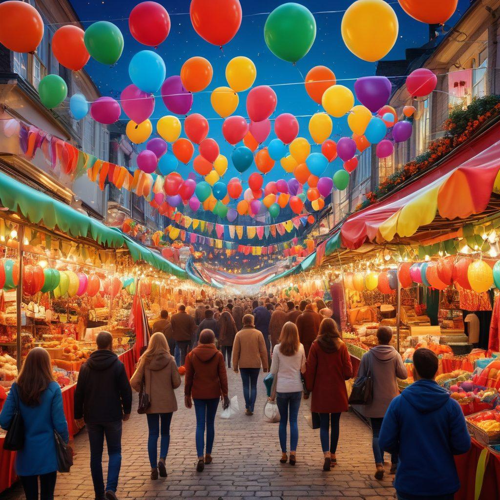 A colorful shopping scene depicting a joyful crowd exploring a vibrant market filled with various stalls showcasing enticing products. Brightly lit banners proclaiming 'Best Offers' and 'Happy Shopping' hang above, while shoppers carry their bags filled with unique items and gifts. Add elements like balloons, happy faces, and festive decorations to enhance the cheerful atmosphere. super-realistic. vibrant colors. 3D.