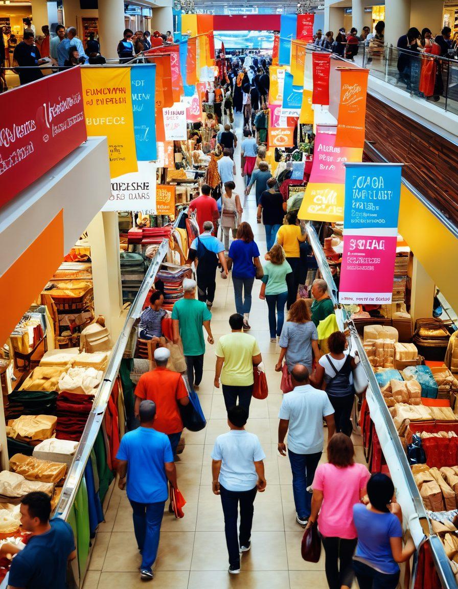 A vibrant and lively shopping scene featuring diverse shoppers joyfully exploring a bustling marketplace filled with colorful banners announcing unbeatable discounts. Include items like clothes, electronics, and groceries with sale signs in bright colors, and showcase smiling faces of customers and shopkeepers. Capture the essence of affordability and joy in shopping. super-realistic. vibrant colors. bustling atmosphere.